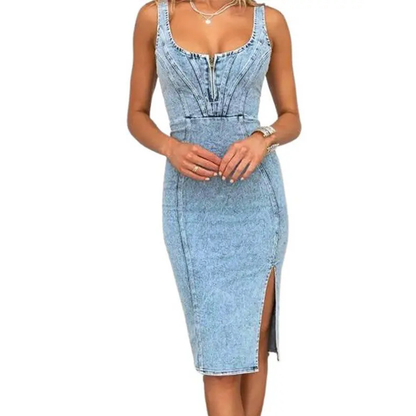 Tatiana | Women's Sleek Denim Midi Dress with Side Slits