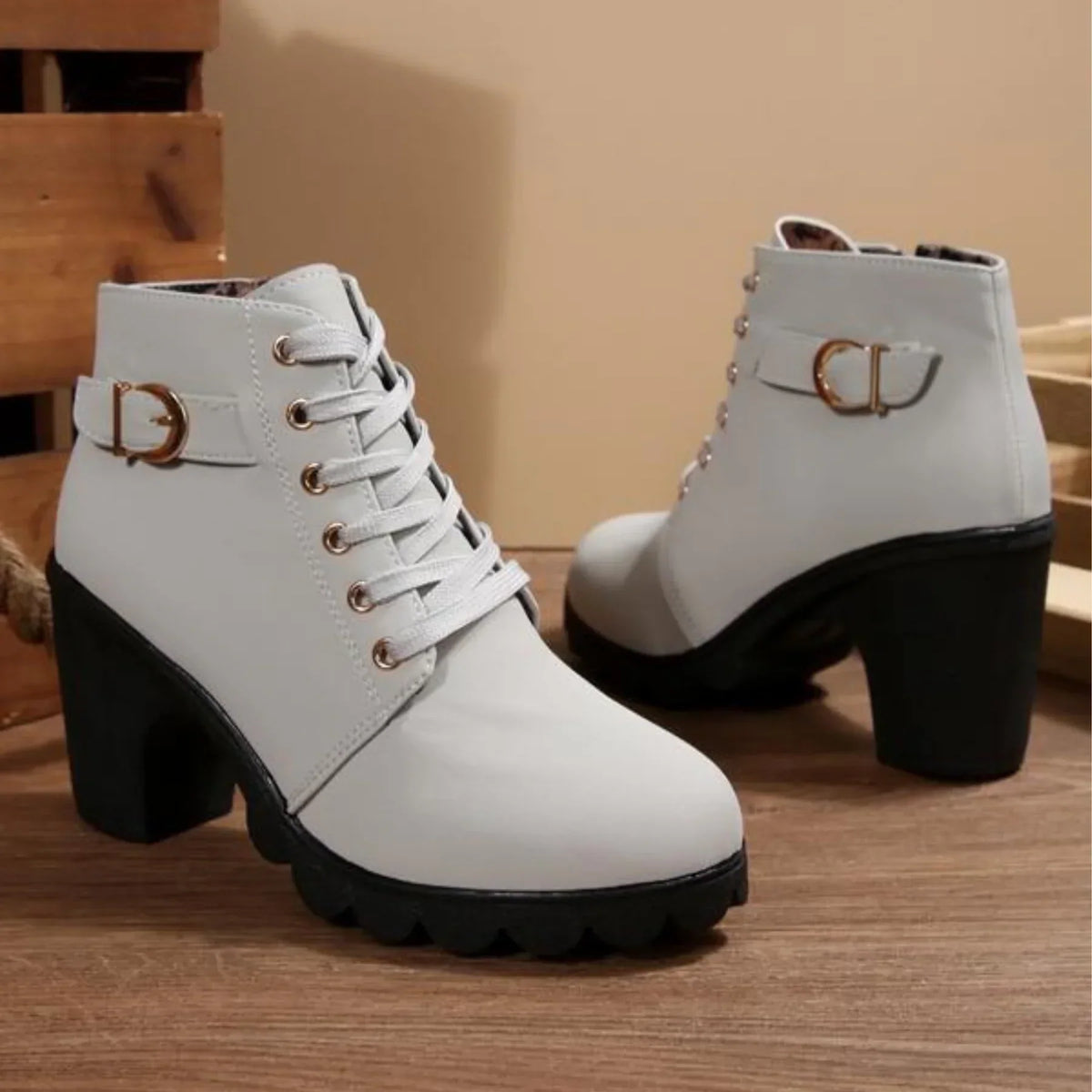 Mina | Women's Cushioned Buckle Stylish Lace-Up Ankle Boots