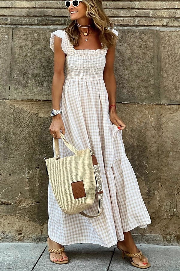 Ivara | Women's Elegant Plaid Summer Maxi Dress with Ruffle Detail and Smocking
