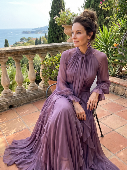 Demetria | Women's Tie Neck Ruffle Tiered Maxi Dress