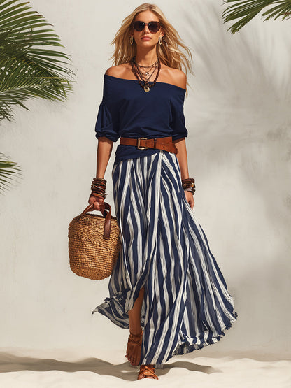 Women's Navy Blue Off-the-Shoulder Nautical Top with Striped Slit Skirt Set