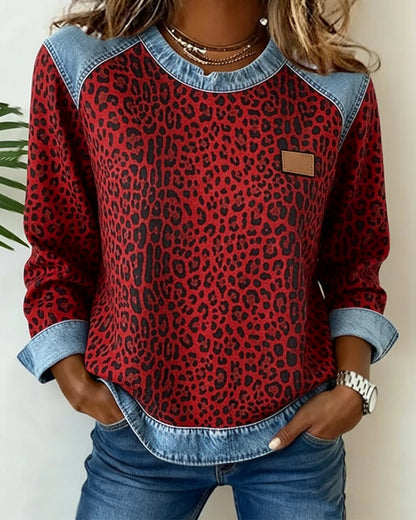 Women's Leopard Print Denim Patchwork Jumper