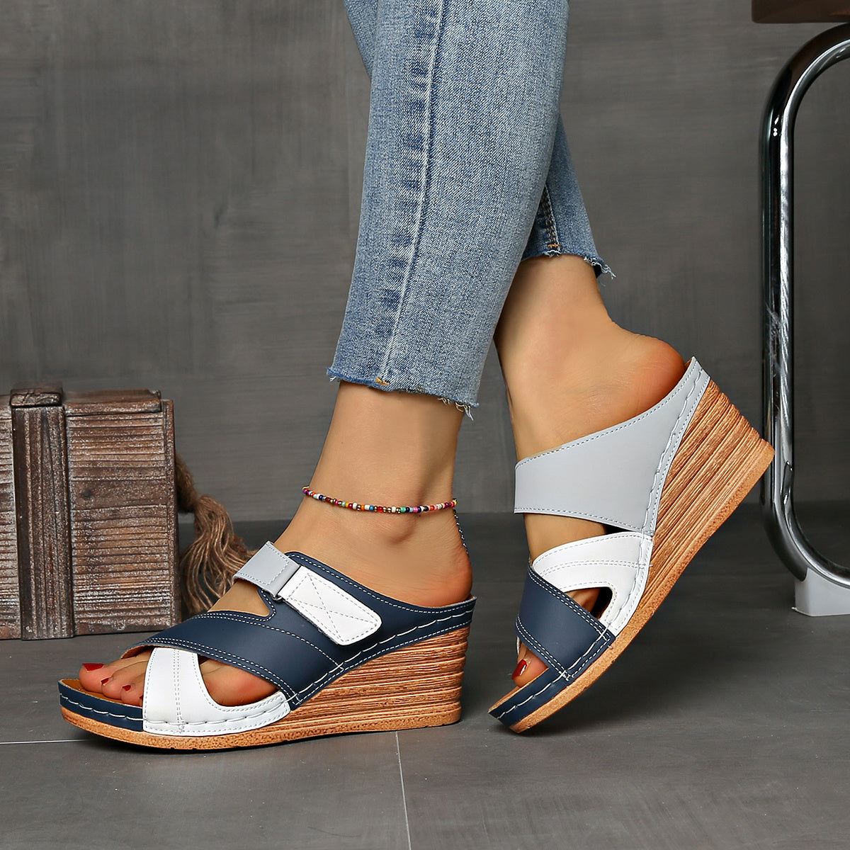 Women's Orthopedic Open-Toe Marina Colourblock Wedge Slides, Comfortable Sandals