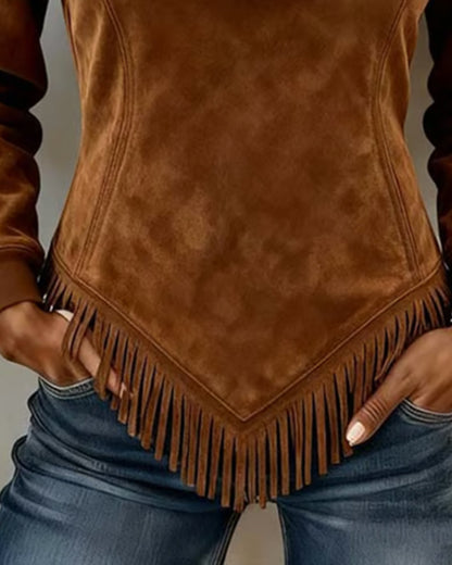 Women's Half-Zip Collar Sweatshirt with Asymmetric Design and Fringe Accents