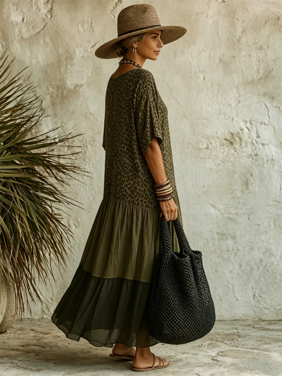 Women's V-Neck Maxi Dress with Leopard Print