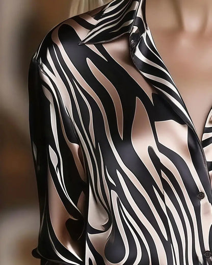 Women's Chic and Stylish Printed Blouse with V-Neck and Long Sleeve