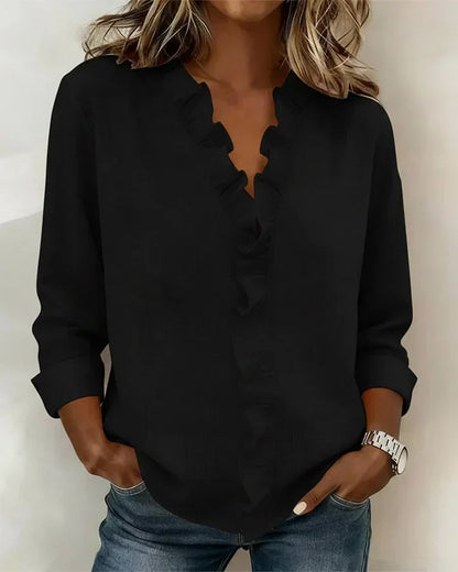 Indie | Women's Relaxed Ruffled V-Neck Blouse with Long Sleeves