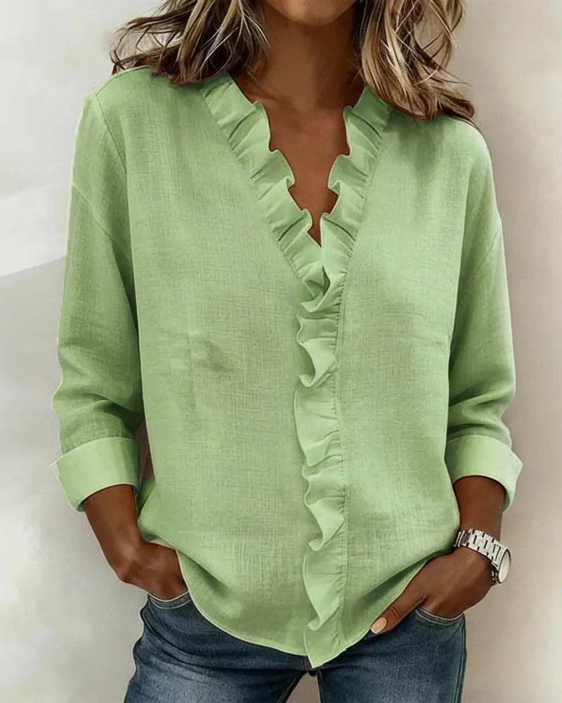 Indie | Women's Relaxed Ruffled V-Neck Blouse with Long Sleeves