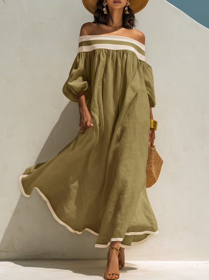 Women's Beige Off-the-Shoulder Maxi Dress with Relaxed Fit and Colour-Block Design