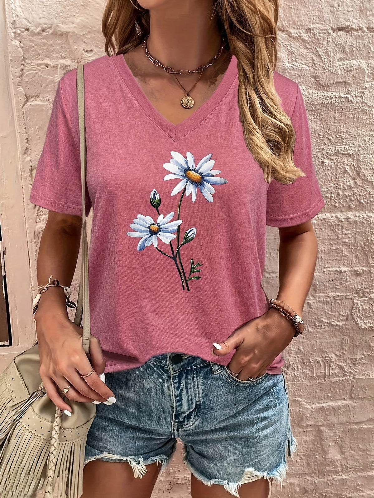 Celine | Women's Longline Floral V-Neck Tee