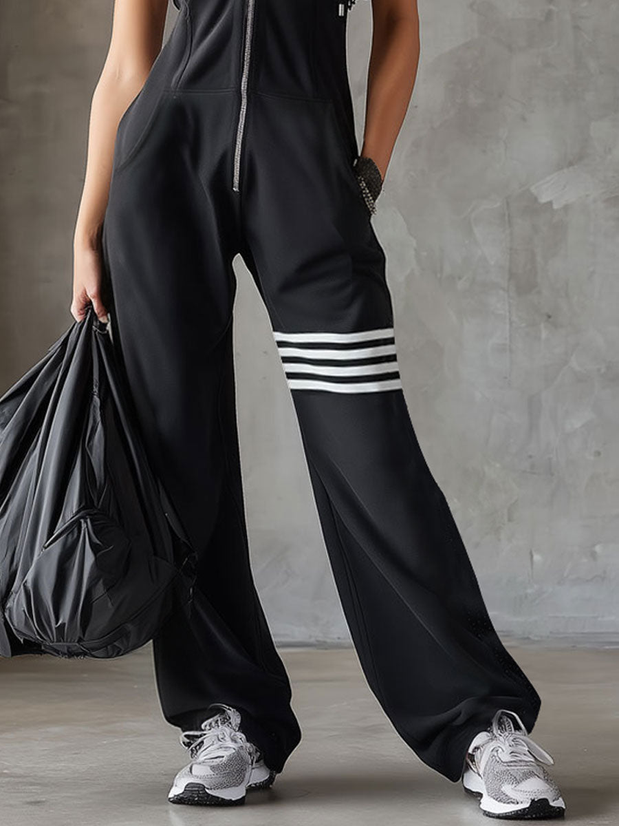 Women's Retro-Inspired Black Sleeveless Hooded Jumpsuit with Sporty Stripes