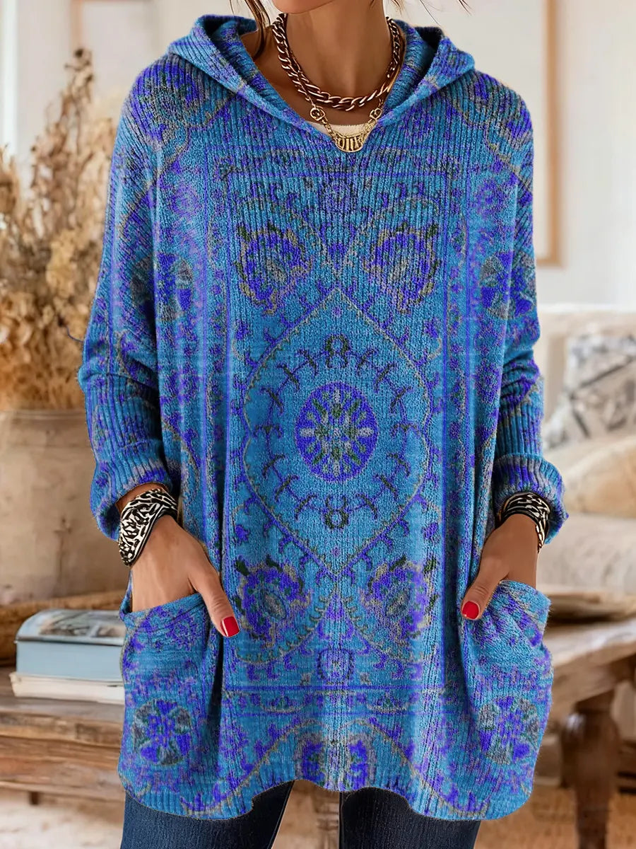 Women's Vintage-Inspired Hooded Tunic with Pockets and Ethnic Print