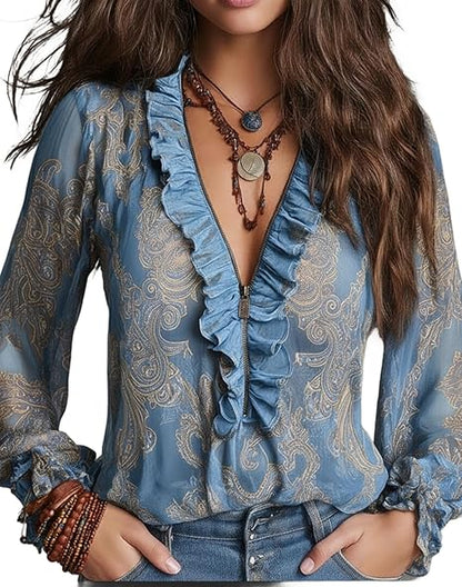 Elise | Women's Longline Ruffled Blouse Featuring Baroque Paisley Print