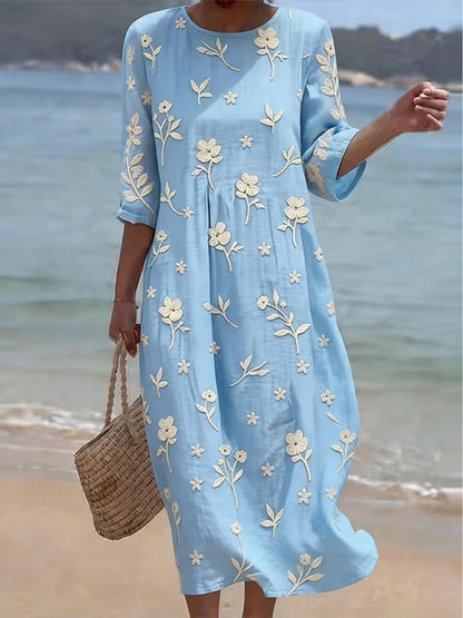 Maxine | Women's Embroidered Mid-Sleeve Midi Dress