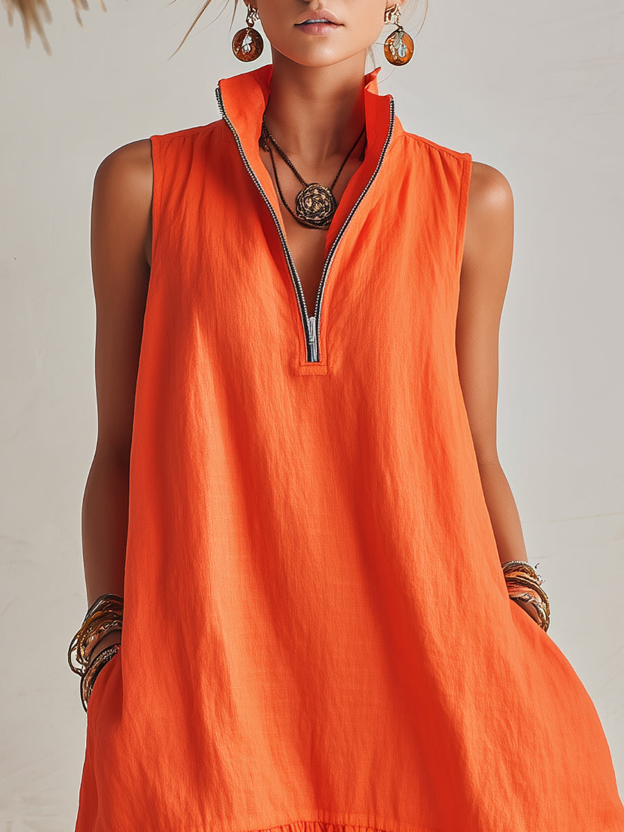 Women's Bright Orange Half-Zip Mini Dress with Ruffled Hem and Stand-Up Collar