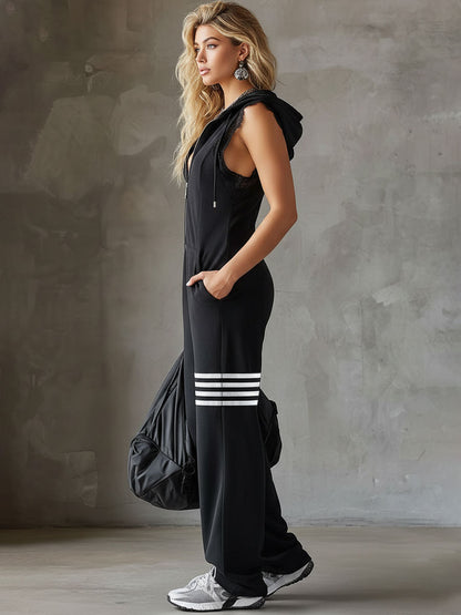 Women's Retro-Inspired Black Sleeveless Hooded Jumpsuit with Sporty Stripes