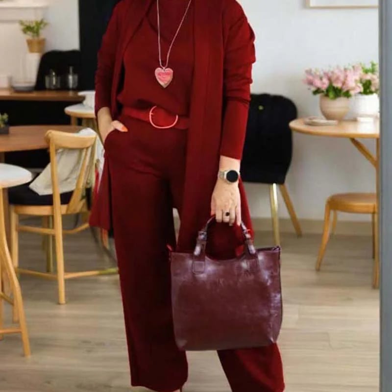 Women's Chic 3-Piece Ensemble: Long Cardigan, Top, and Trousers
