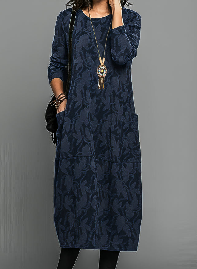 Lea | Women's Relaxed Casual Round Neck Winter Midi Dress with Pockets