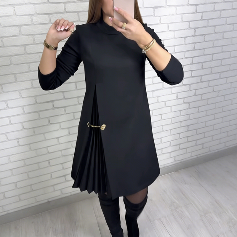 Women's Stylish Long-Sleeve Midi Dress with Pleated Details