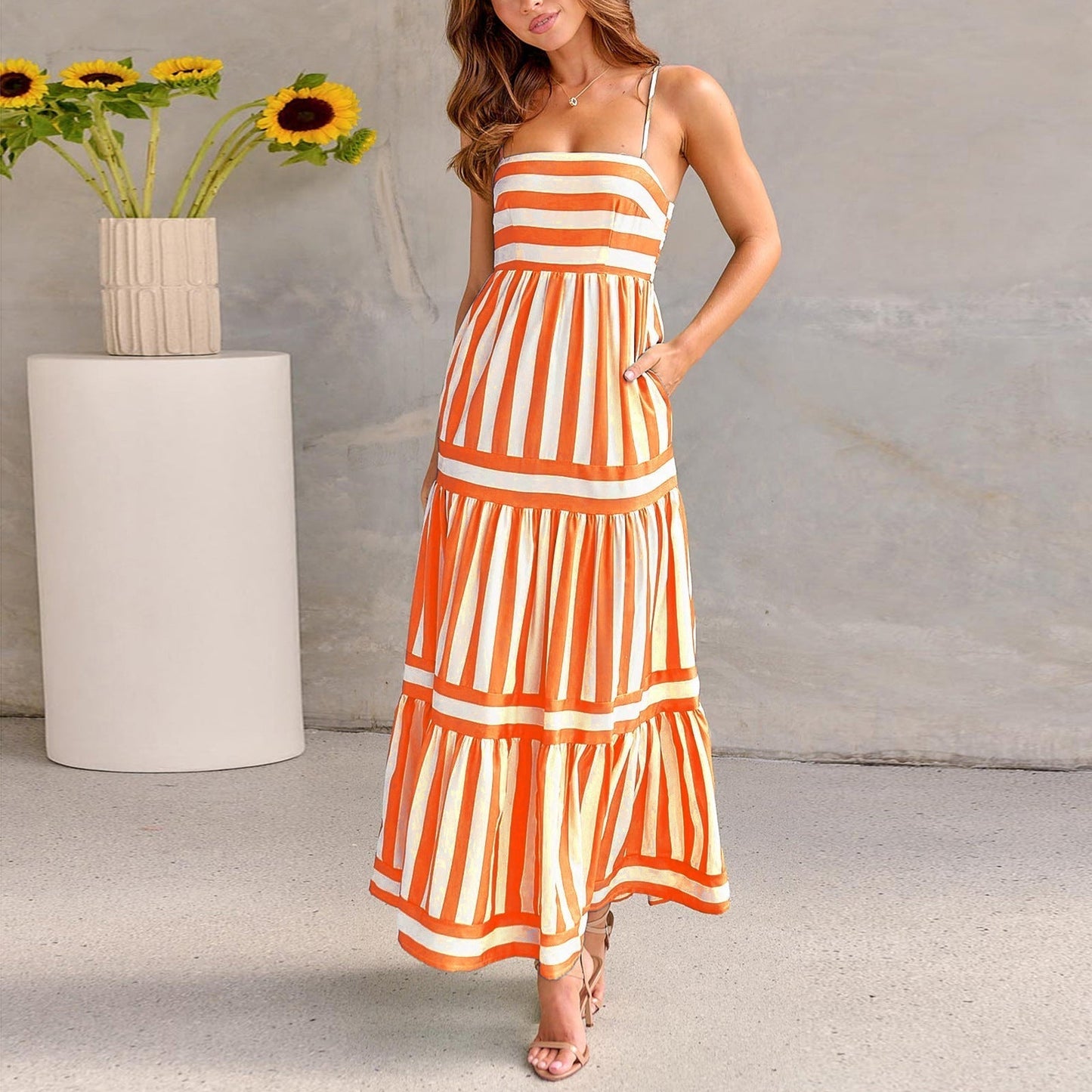 Marisol | Women's Striped Maxi Dress with Straps and Pockets