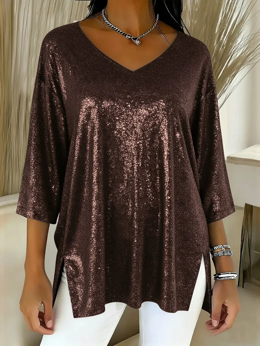 Elina | Women's Shiny V-Neck Christmas Top with Pockets
