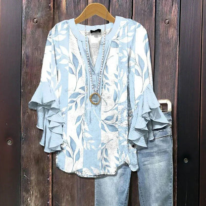 Leena | Women's Vintage Floral Ruffle-Sleeve Blouse