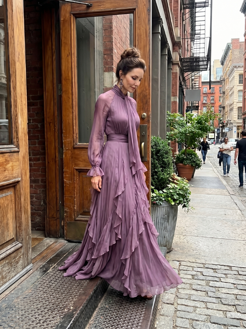 Demetria | Women's Tie Neck Ruffle Tiered Maxi Dress