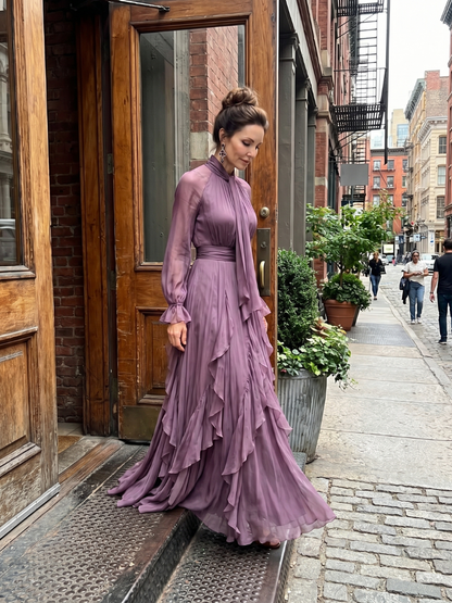 Demetria | Women's Tie Neck Ruffle Tiered Maxi Dress