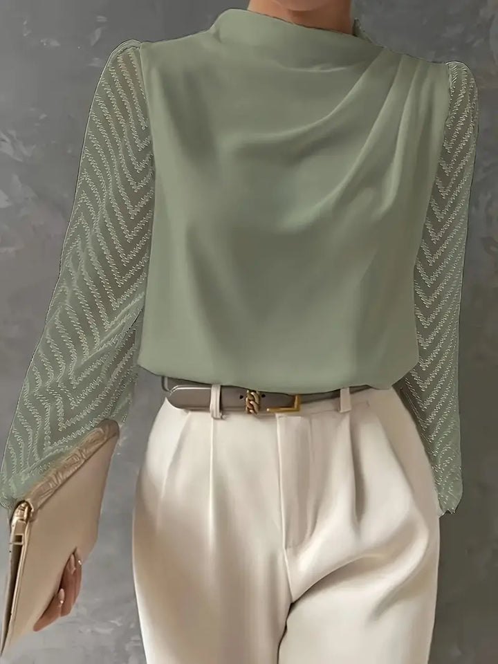 Samanta | Women's Longline Blouse Featuring Illusion Sleeves and Ruched Mocha Neckline