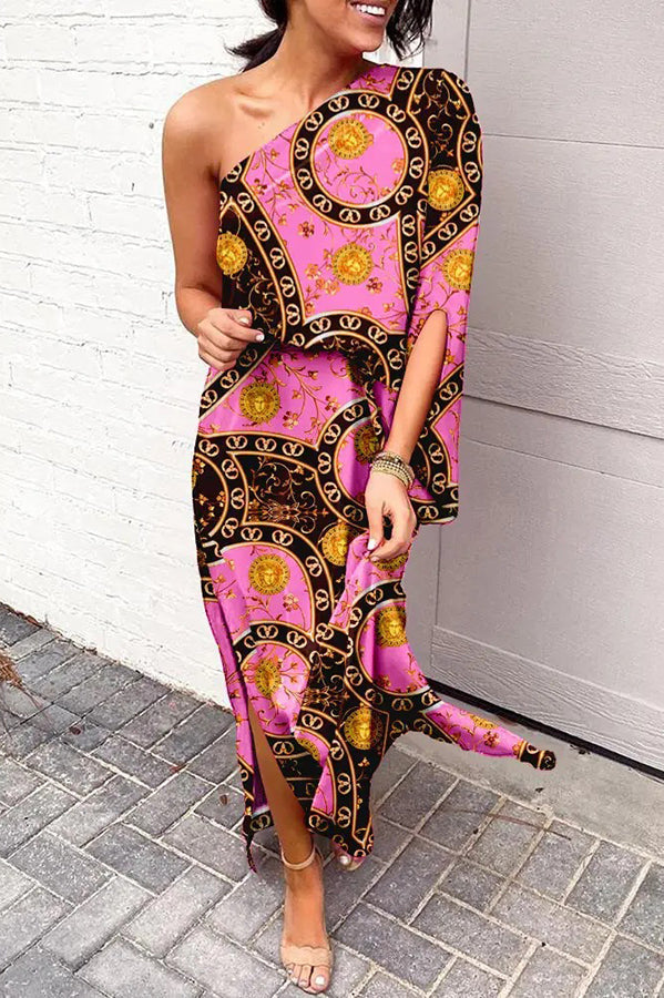 Women's Rosie One-Shoulder Maxi Dress with Printed Design and Split Hem