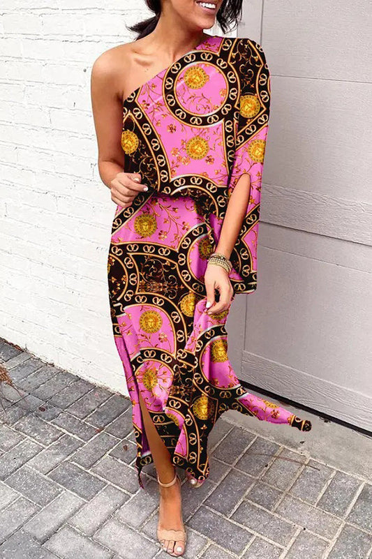Women's Rosie One-Shoulder Maxi Dress with Printed Design and Split Hem