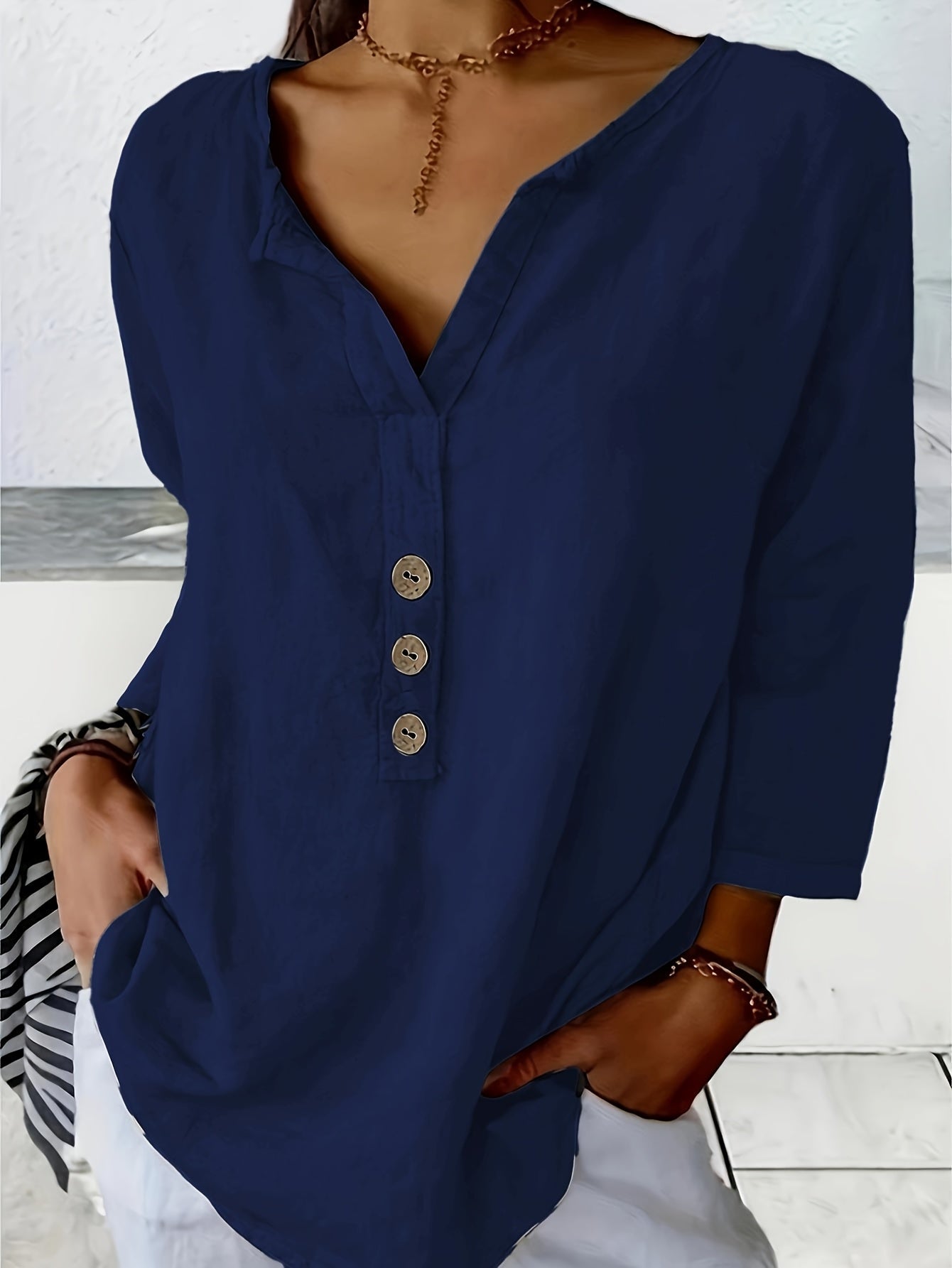 Harper | Women's Longline Relaxed Loose V-Neck Button-Up Top