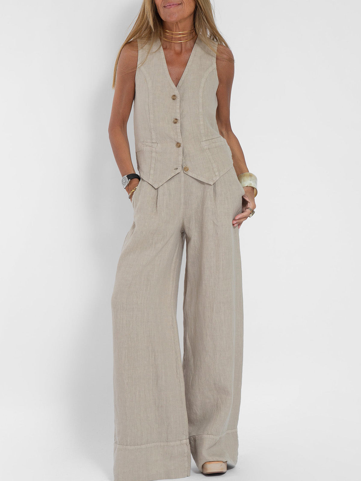 Aira | Women's Buttoned Vest & Wide-Leg Trousers Set