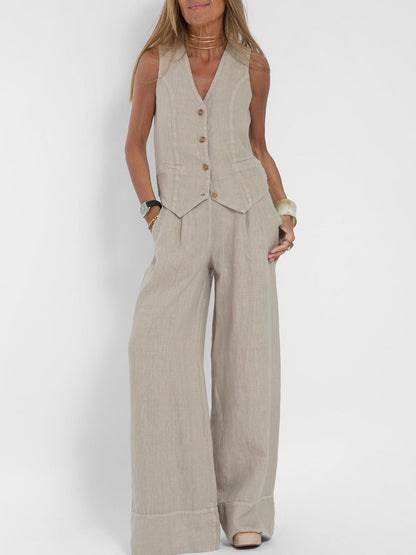 Aira | Women's Buttoned Vest & Wide-Leg Trousers Set