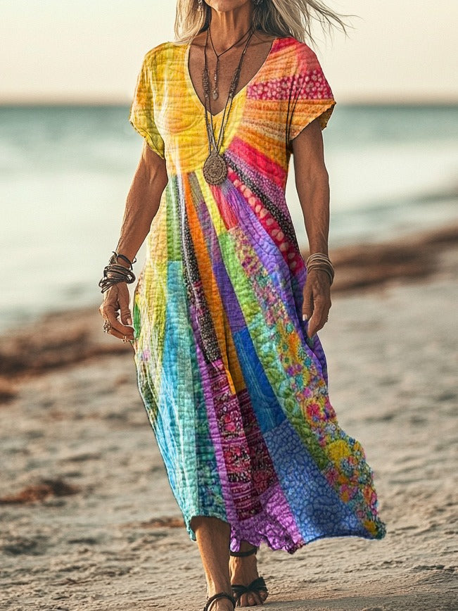 Women's Boho Chic Sun Pattern Midi Dress