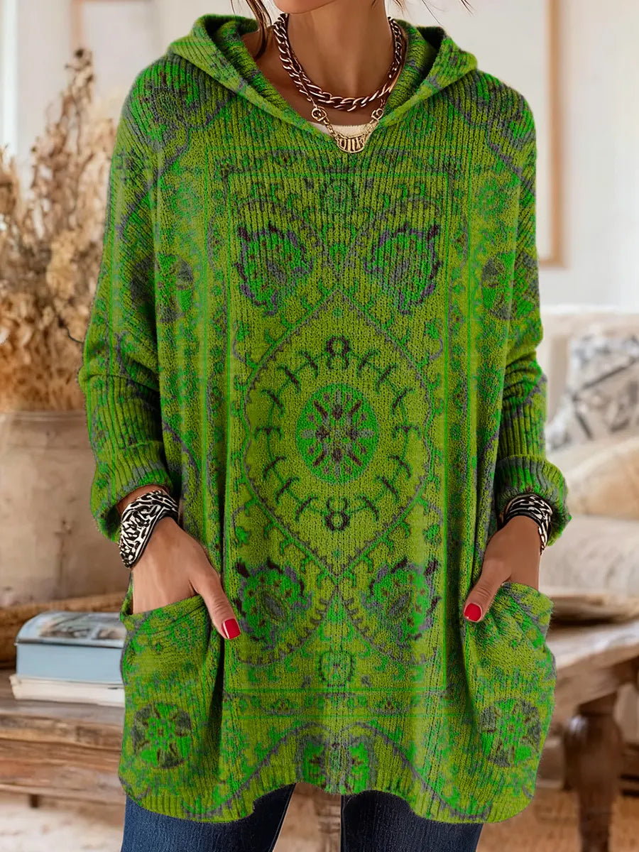 Women's Vintage-Inspired Hooded Tunic with Pockets and Ethnic Print
