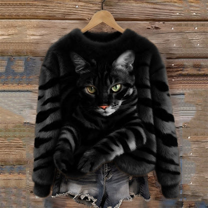 Women's Snug Plush Sweatshirt Featuring a Tiger and Tabby Kitten Design