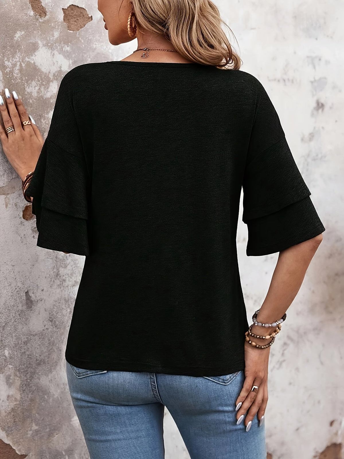 Hazel | Women's Relaxed Flare Sleeve V-Neck T-Shirt with Ruffle Detail