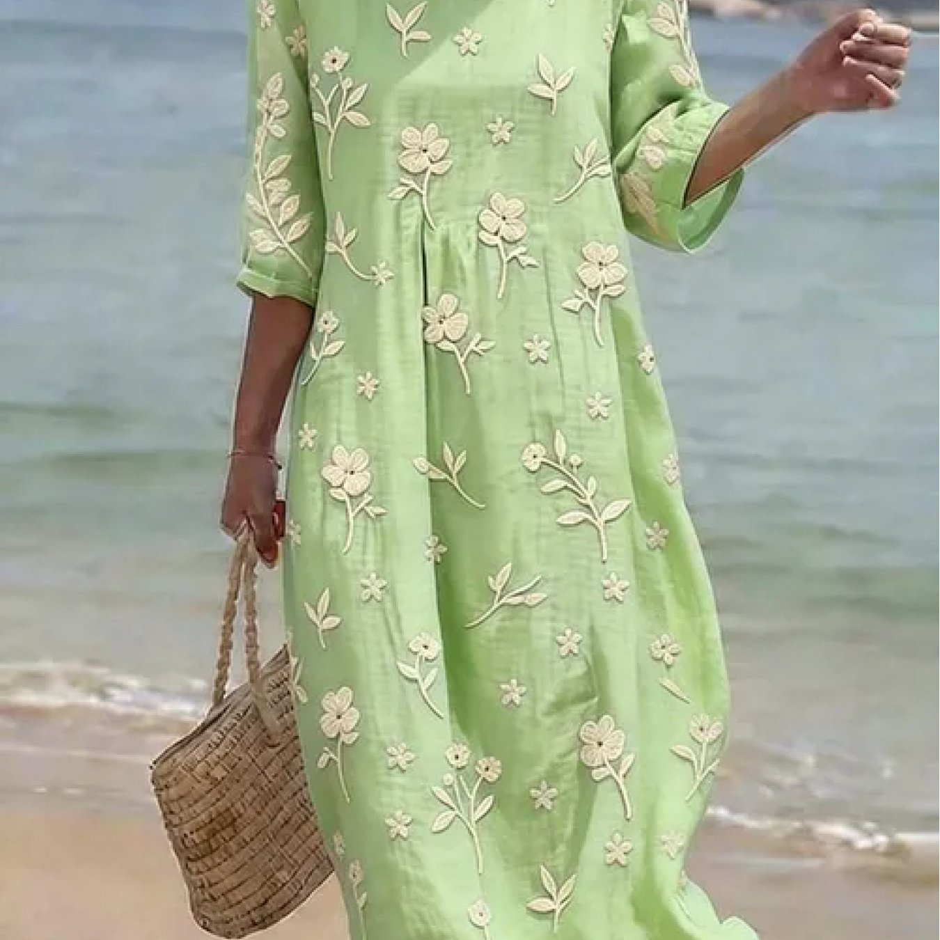 Margaret | Women's Floral Embroidered Mid-Sleeve Midi Dress
