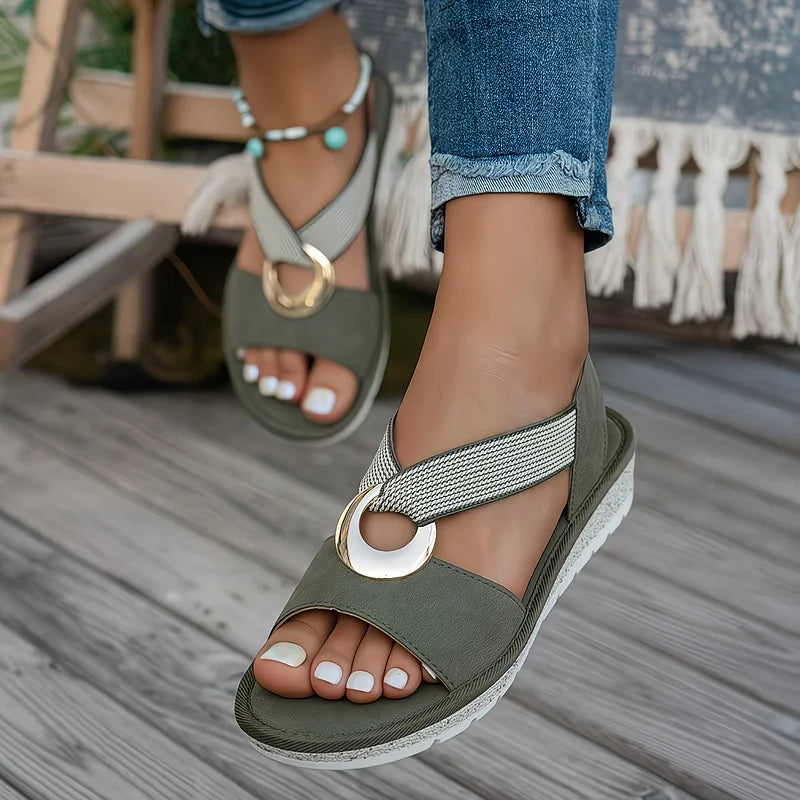 Skylar | Women's Cushioned Open-Toe Metal Buckle Flat Sandals