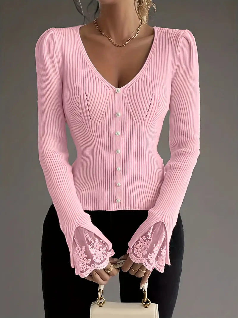 Women's Cropped Floral V-Neck Ribbed Top with Sleeves