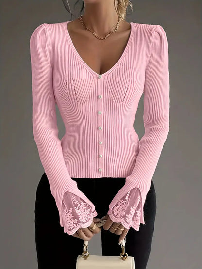 Women's Cropped Floral V-Neck Ribbed Top with Sleeves