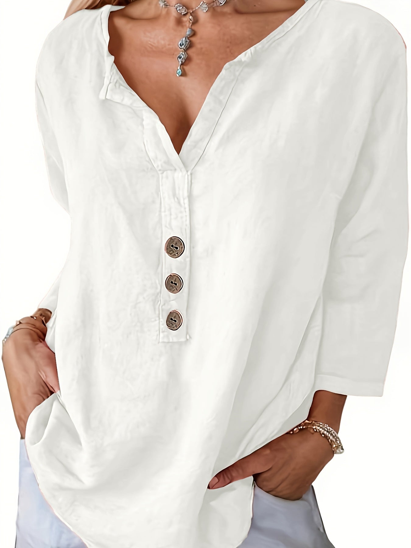 Harper | Women's Longline Relaxed Loose V-Neck Button-Up Top
