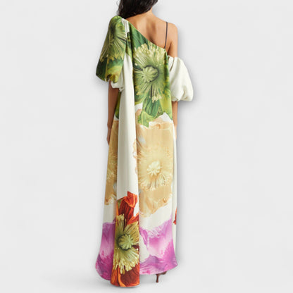 Women's Floral Maxi Dress with Asymmetrical Design and Pockets
