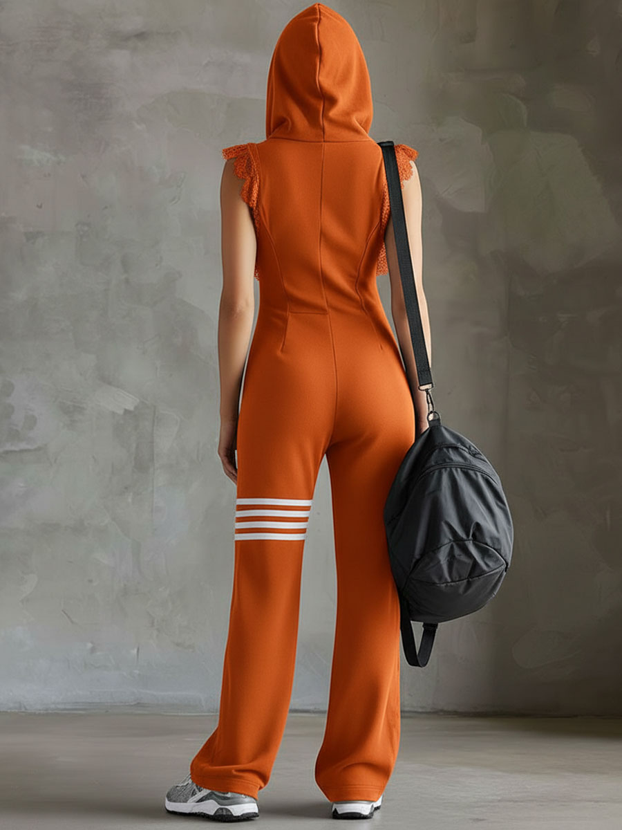Women's Retro-Inspired Black Sleeveless Hooded Jumpsuit with Sporty Stripes