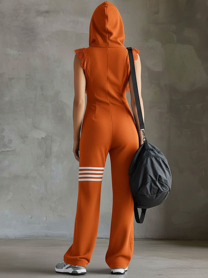 Women's Retro-Inspired Black Sleeveless Hooded Jumpsuit with Sporty Stripes