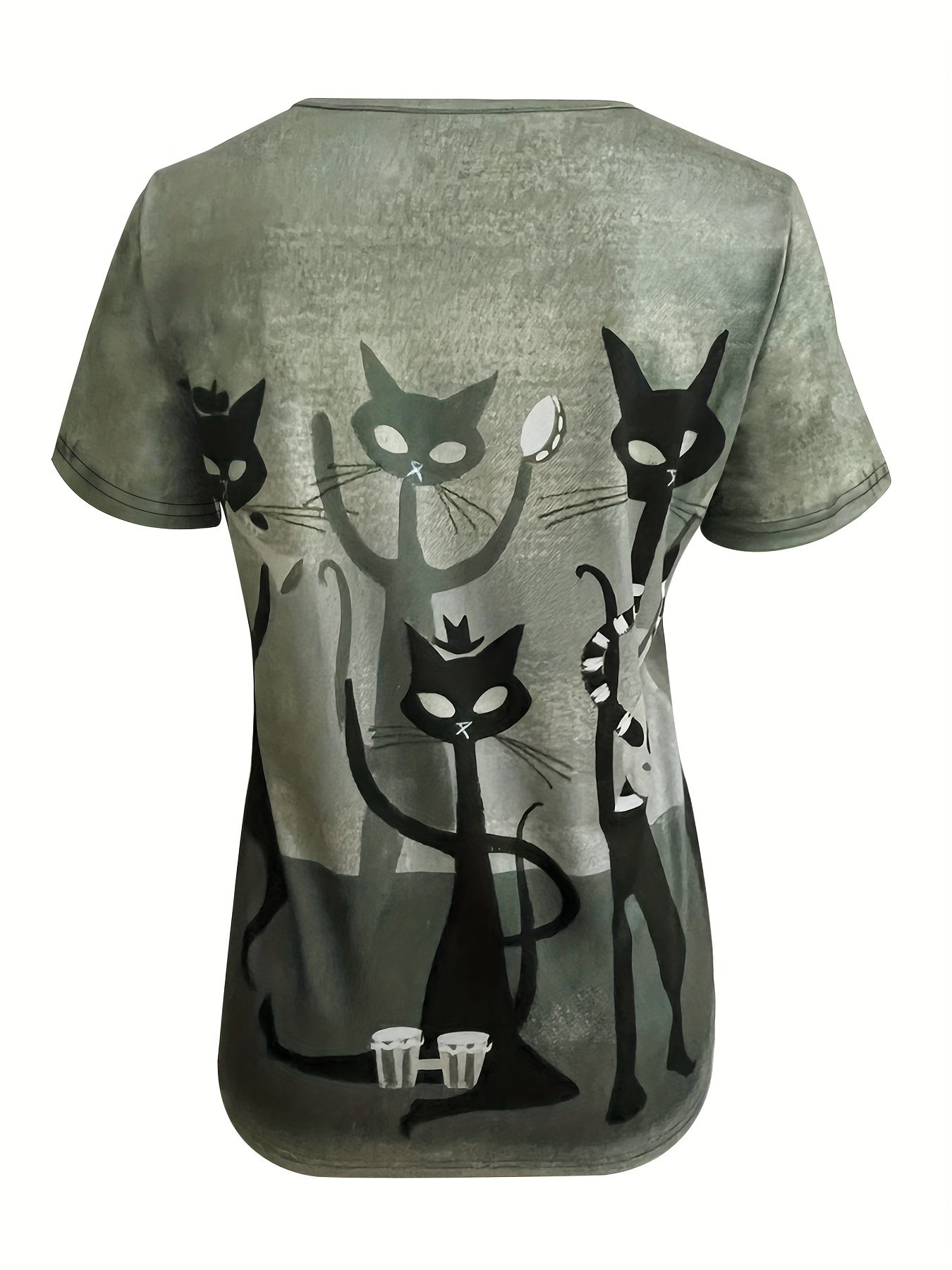 Sue | Women's Casual Cat Print T-Shirt with V-Neck and Short Sleeve
