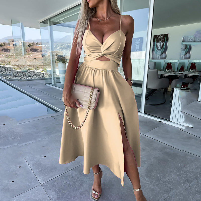 Chloe | Women's High Slit Spaghetti Strap Maxi Dress with Cut-Out