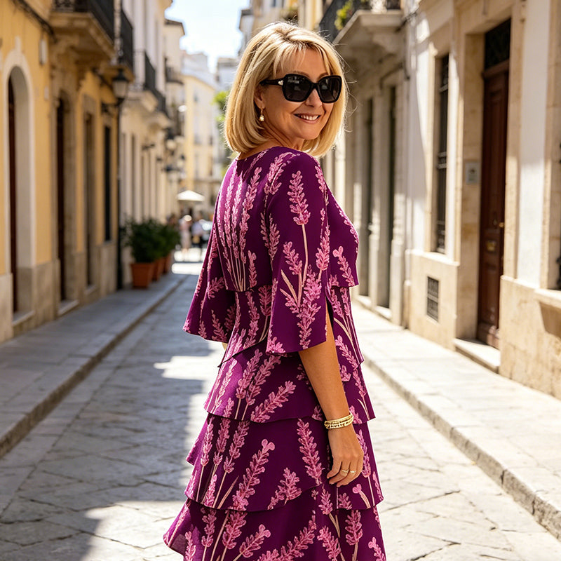 Elyvane | Women's Floral Ruffled Midi Dress with Mid-Length and Split Sleeves