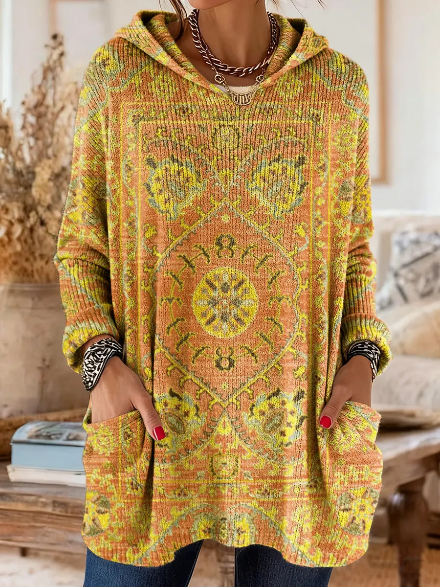 Women's Vintage-Inspired Hooded Tunic with Pockets and Ethnic Print